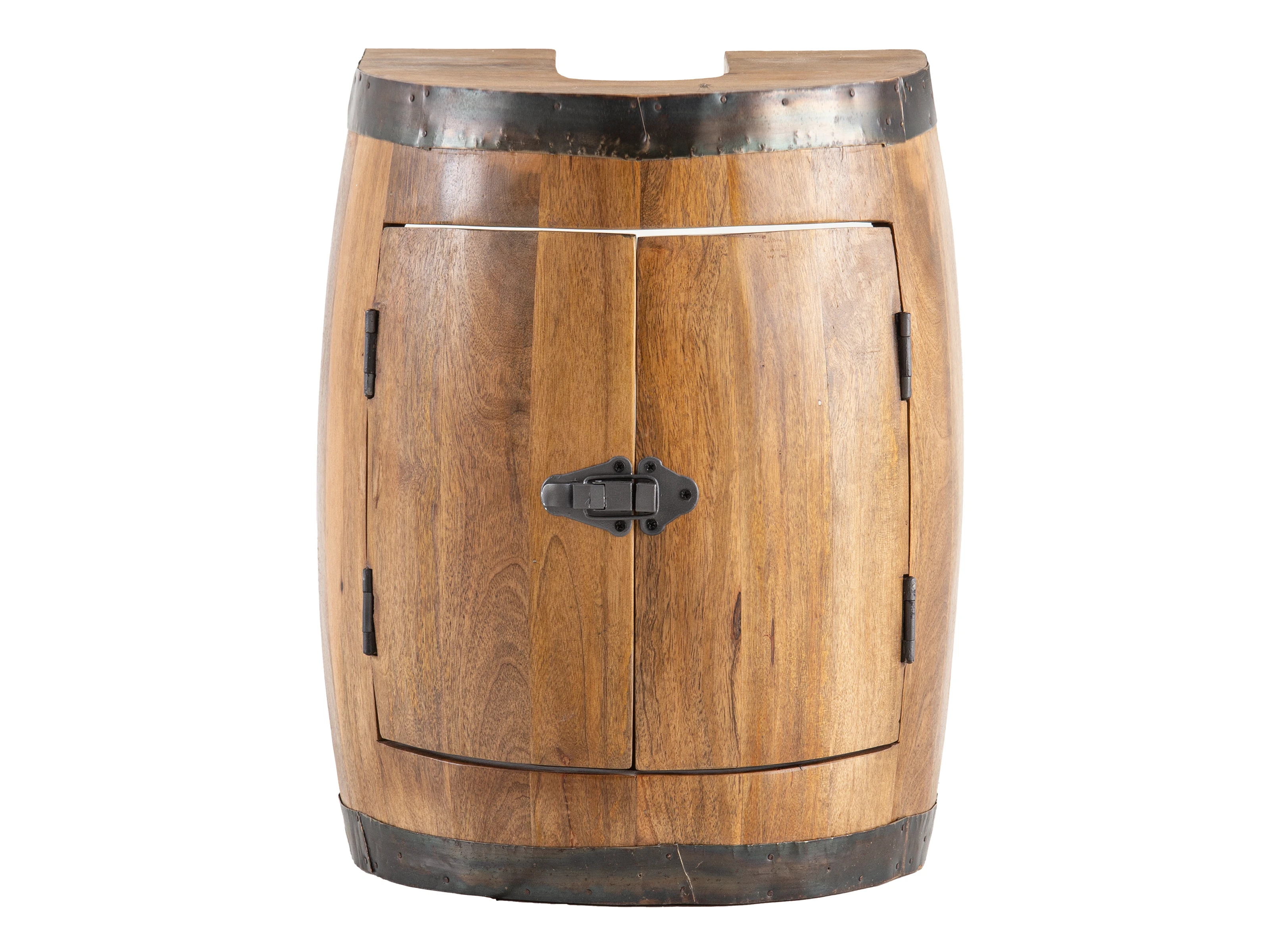 Freisteller Frontansicht Waschbeckenunterschrank „Barrel“, 35×50×30 cm, lackiertes braunes Mangoholz mit zwei Türen
