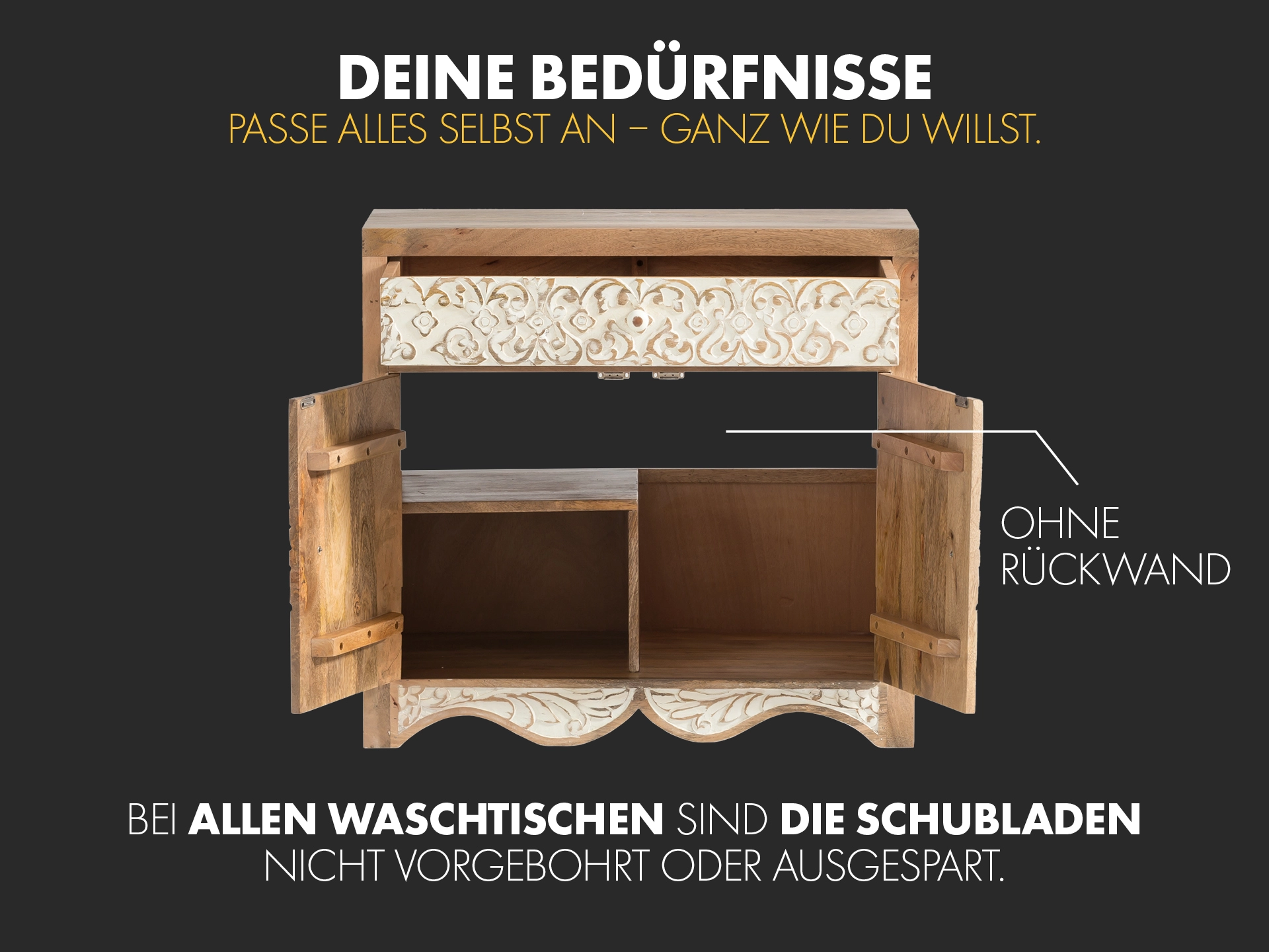 Massiver Holz-Waschtisch mit weißem Aufsatzwaschbecken und Metallarmatur, warme Holztöne, minimalistisches Badambiente