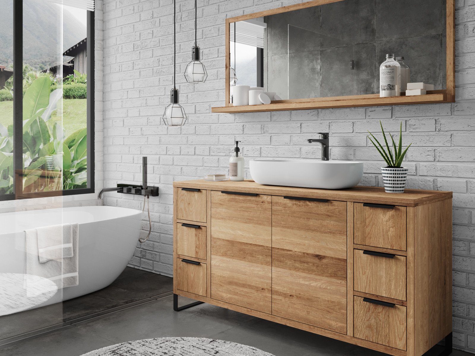 Weißes Holzbett 'Sydney' mit hohem Kopfteil in hellem, skandinavisch-minimalistischem Schlafzimmerambiente