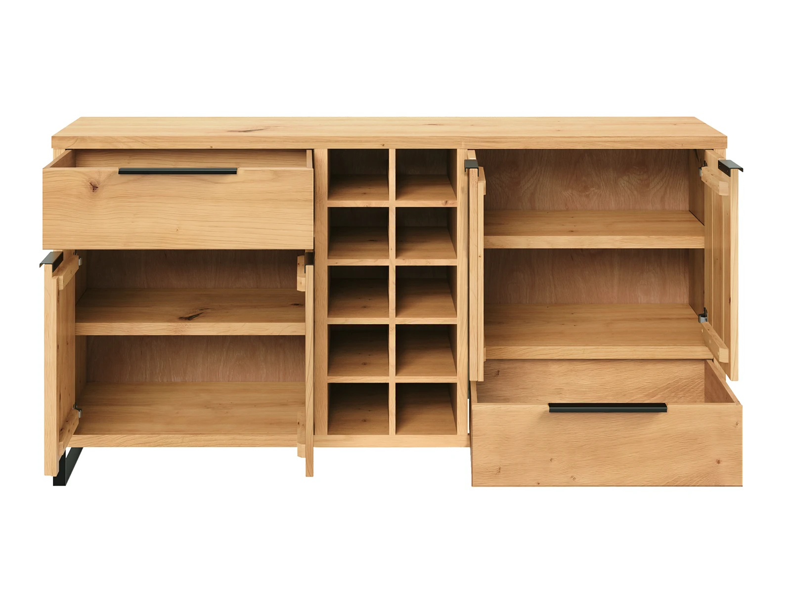 Freisteller-Frontansicht geöffnet: Sideboard Sydney 160 cm Wildeiche, 4 Türen, 2 Schubladen, 10 Fächer (Weinregal) Fehler im Befehl: Falsche Syntax in der Nähe von "Sydney".