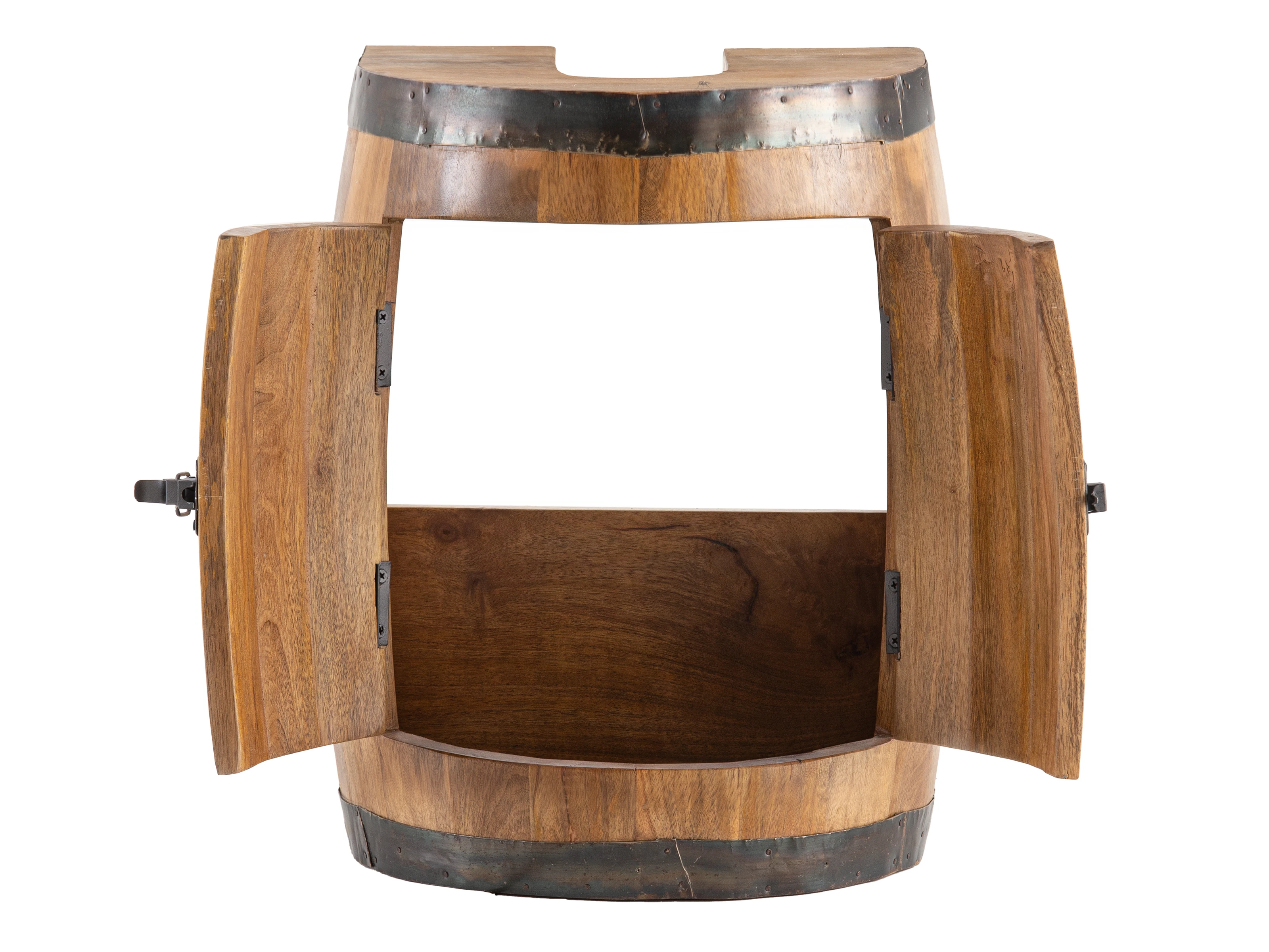 Freisteller Waschbeckenunterschrank Barrel, Frontansicht geöffnet, lackiertes Mangoholz braun, 2 Türen, B35×T30×H50 cm