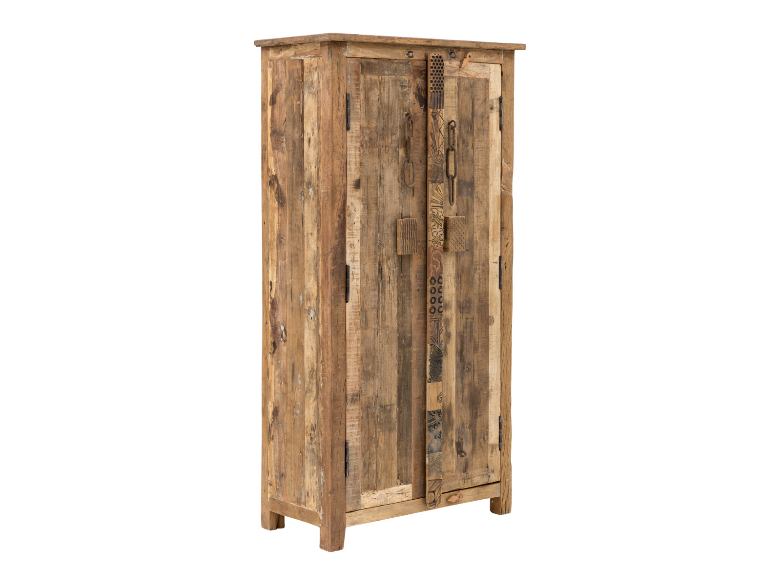 Kleiderschrank Kavali aus recyceltem Altholz, 45°-Freisteller, 2-türig, B90×H185×T45 cm, naturbelassen, rustikale Front.