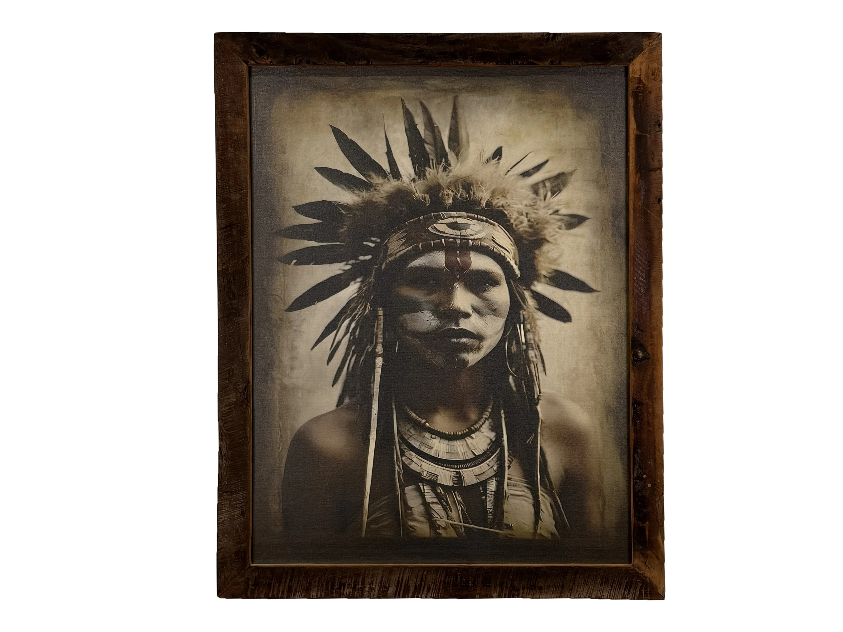 Freisteller Frontansicht: Canvas Wandbild Heritage 70x90 cm, Altholzrahmen, schwarz-weiß Portrait Indigenen mit Federschmuck