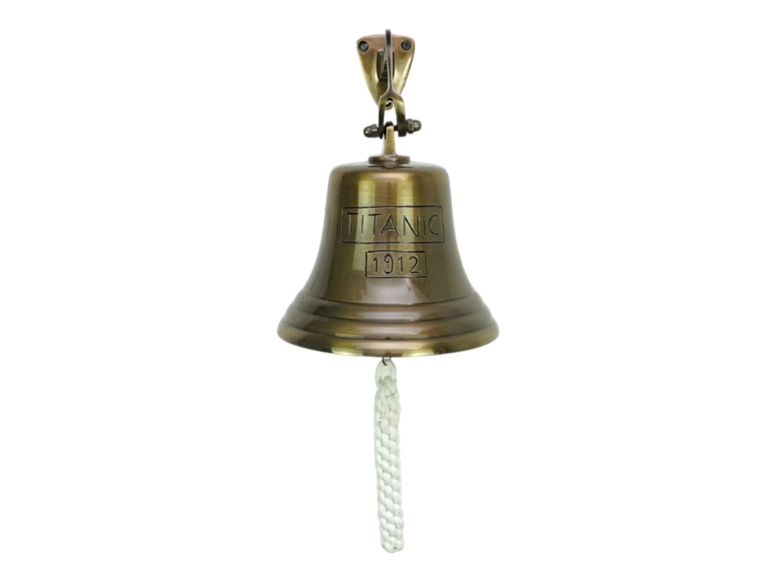 Freisteller-Frontansicht antike Thekenglocke Max D18×H26×T22 cm aus Messing mit Titanic 1912-Prägung, Dekoglocke für Theke Freisteller-Frontansicht antike Thekenglocke Max D18×H26×T22 cm aus Messing mit Titanic 1912-Prägung, Dekoglocke für Theke