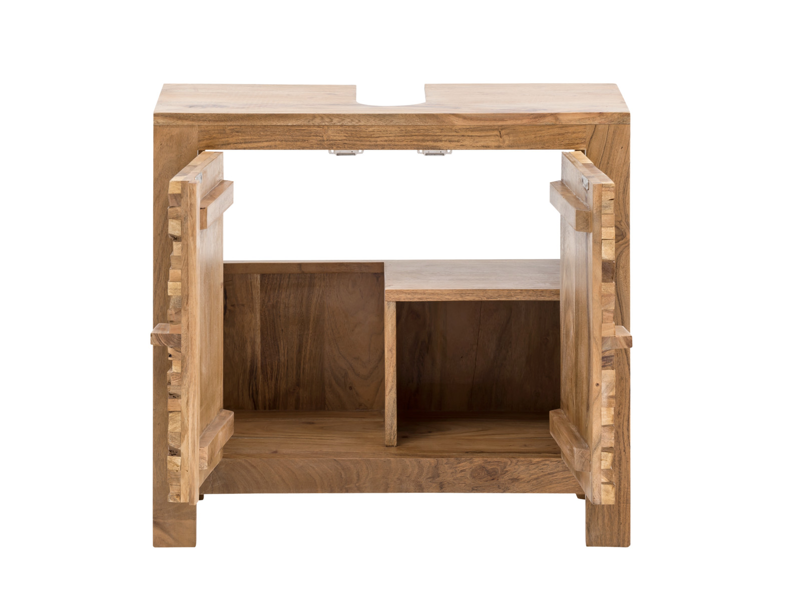 Waschbeckenunterschrank Matay – Freisteller Frontansicht geöffnet: lackierter Akazienholzschrank (67×61×30 cm) Natur, 2 Türen