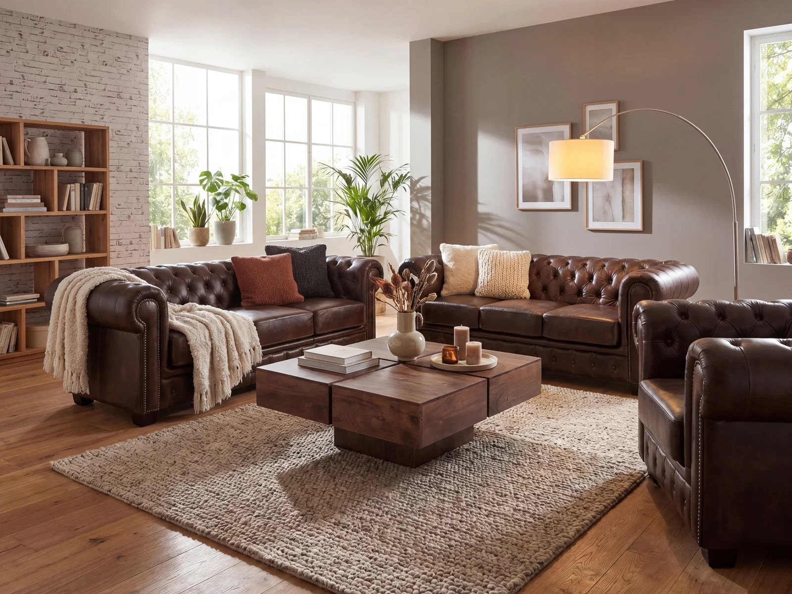 Chesterfield Sofagarnitur aus antikbraunem Echtleder mit Sessel, 2-Sitzer und 3-Sitzer für ein Wohnzimmer mit Charakter