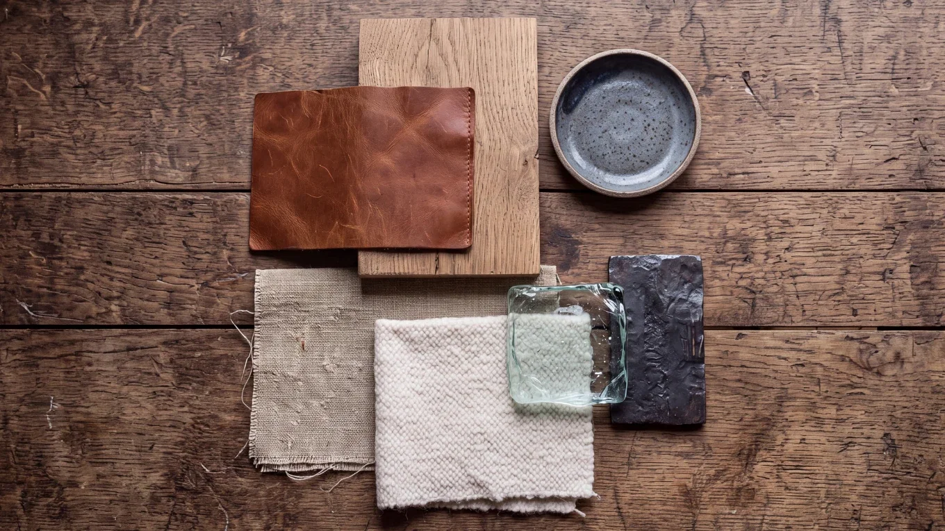 Materialcollage mit Massivholz, Leder, Leinen, Baumwolle, Wolle, Keramik, Glas und Metall