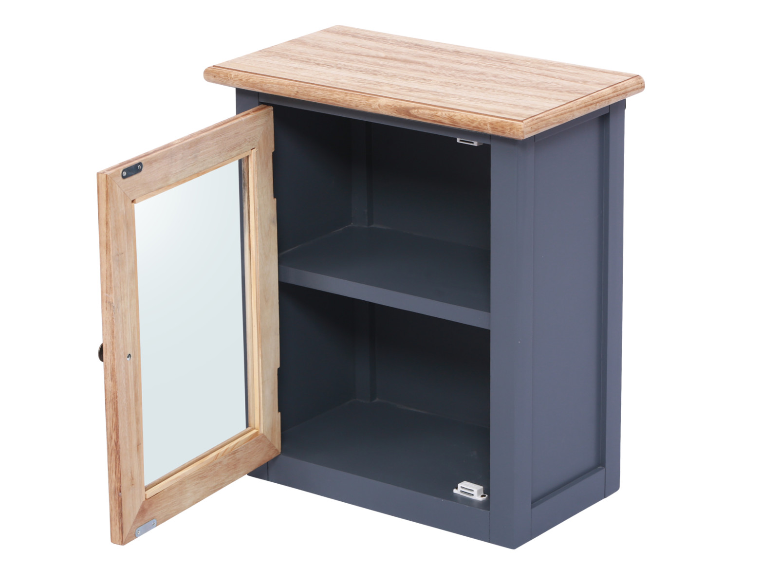 Freisteller: Bad Hängeschrank „Kansas“ in Grau (45×51×25 cm), lackiertes Paulownia/MDF, Frontansicht geöffnet mit Spiegeltür links.