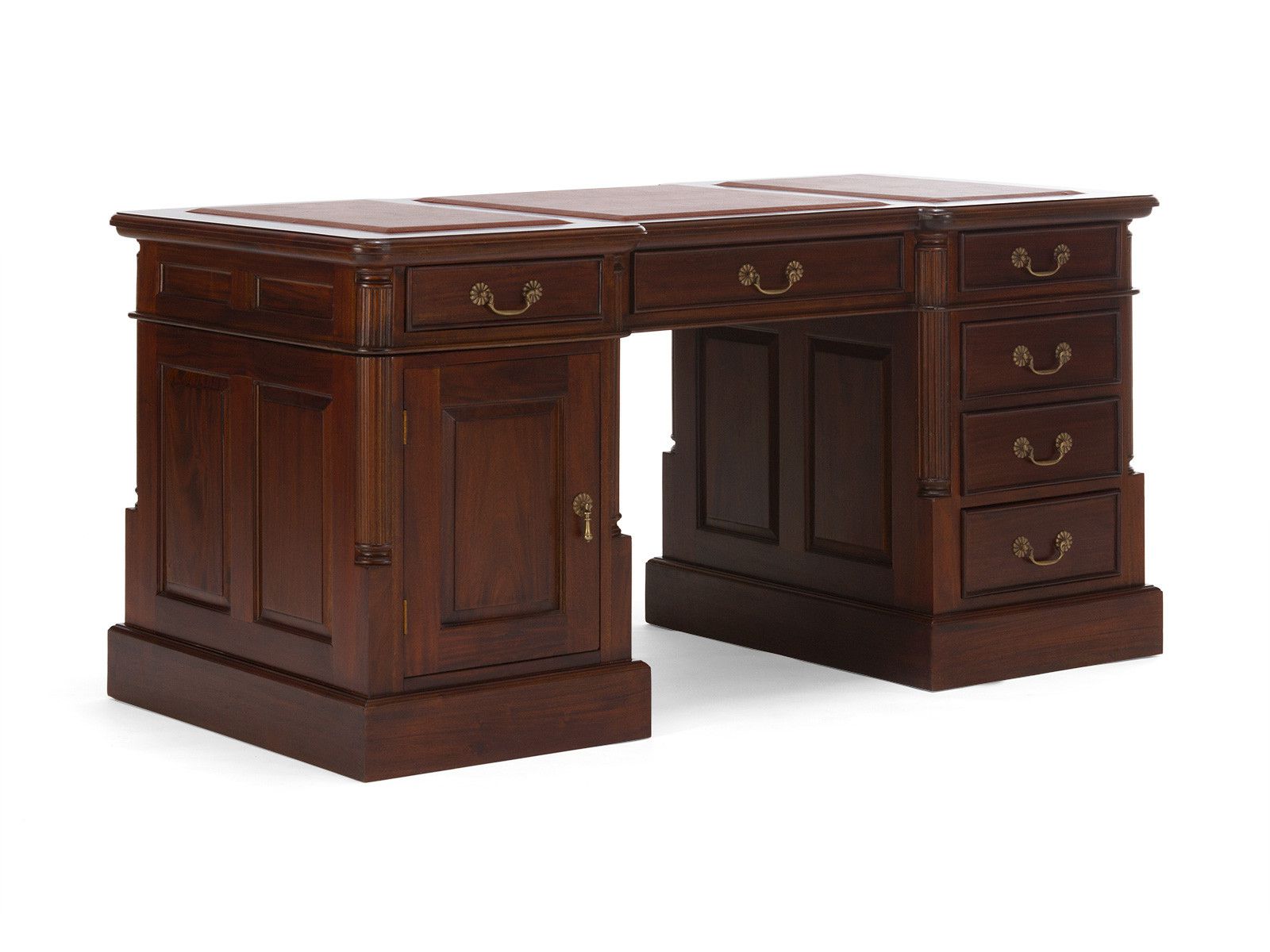 Schreibtisch Cambridge Leder braun Schreibtisch Cambridge Leder braun Holz - Mahagoni 160x80x80 Schrägansicht