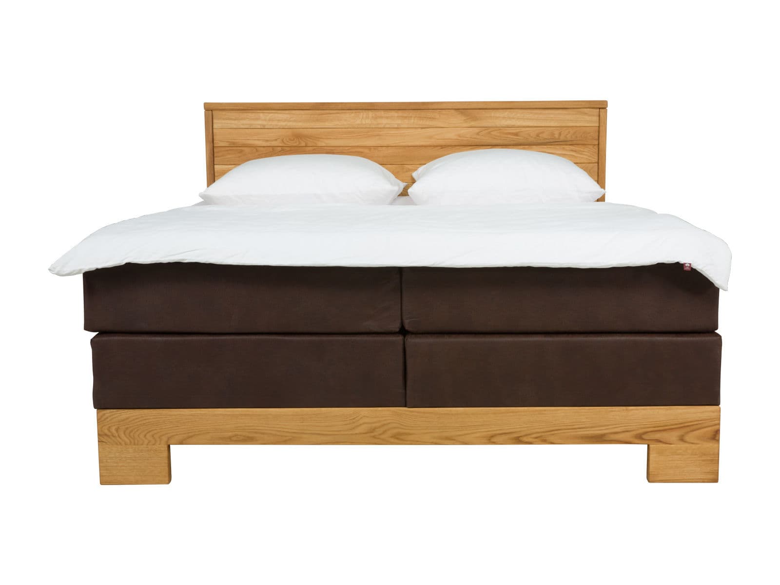 Bockspringbett 'Woodbury' im modernen Schlafzimmer, gepolstertes Boxspringbett mit hohem Kopfteil, dezente Farbtöne und gemütliche Bettwäsche.
