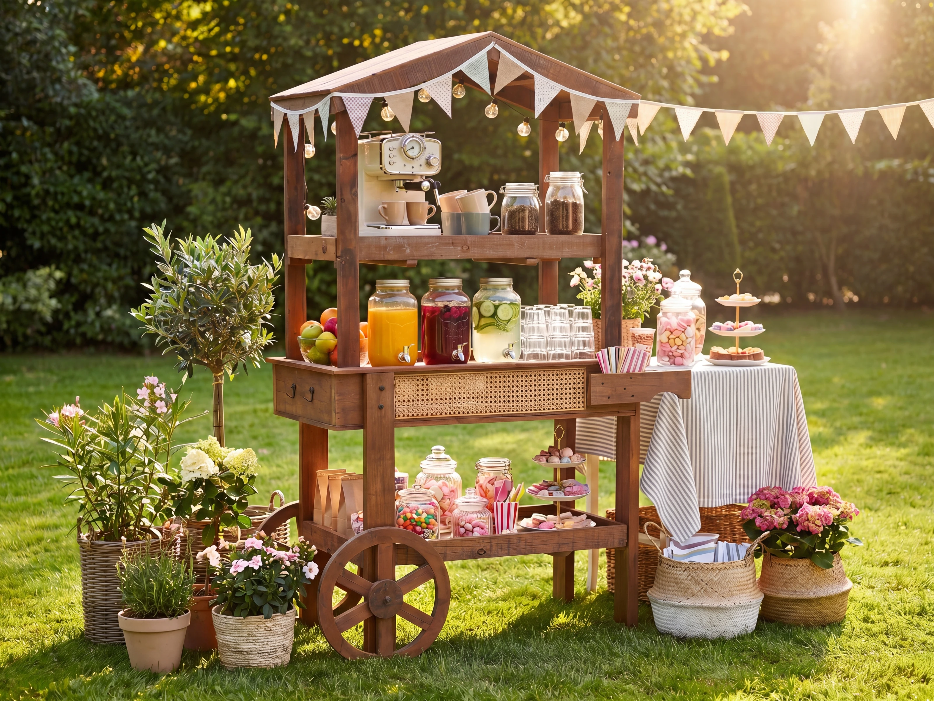Vintage Marktwagen aus Altholz, braun, lackiert, in 45-Grad-Ansicht als dekorativ bestückter Getränke- und Dessertwagen im Garten als Wohnbeispiel.