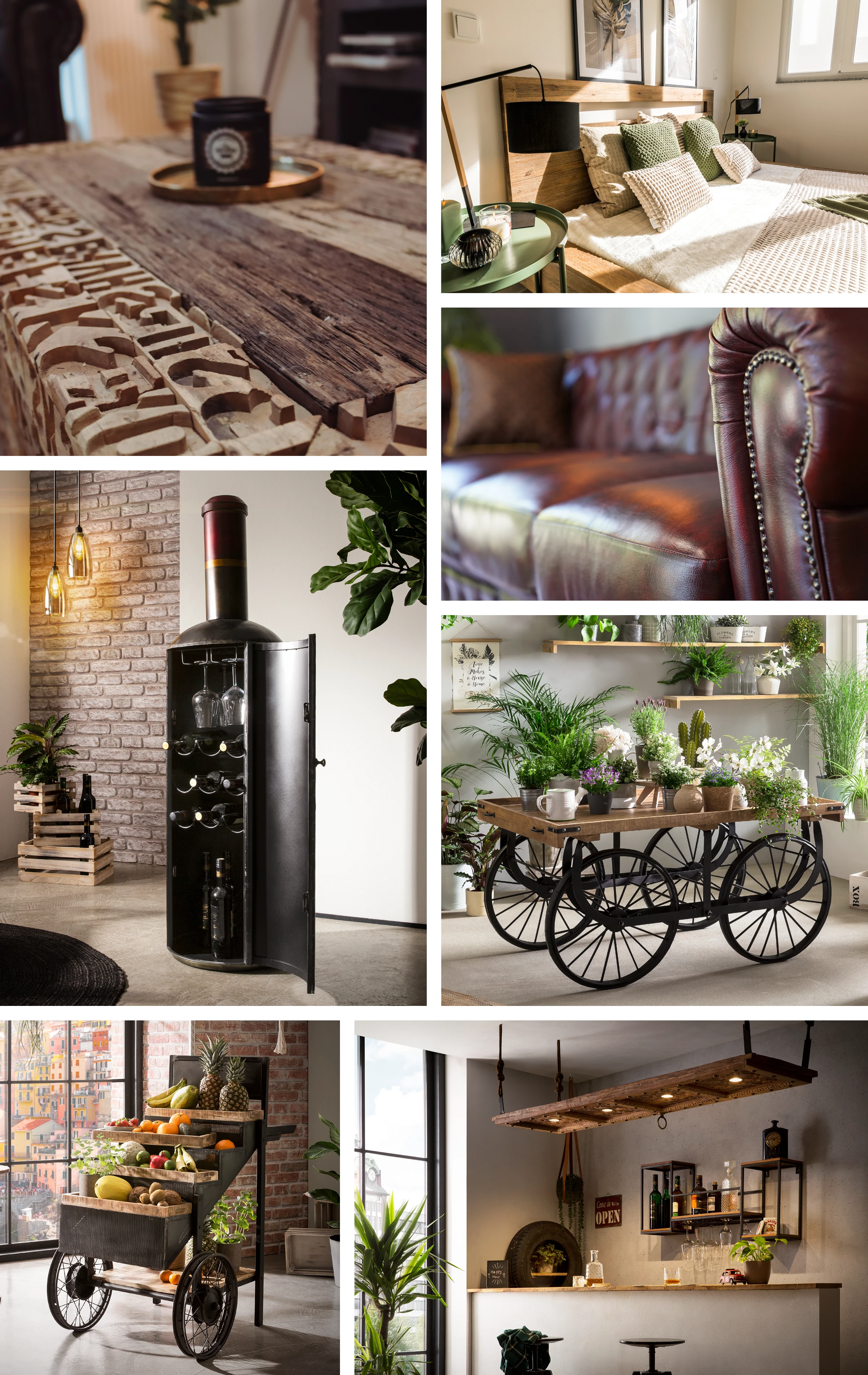 Collage: Holz-Barhocker, Bartische und moderne Fahrradständer – rustikale, warme Holztöne, zeitgemäßes Design für Gastronomie