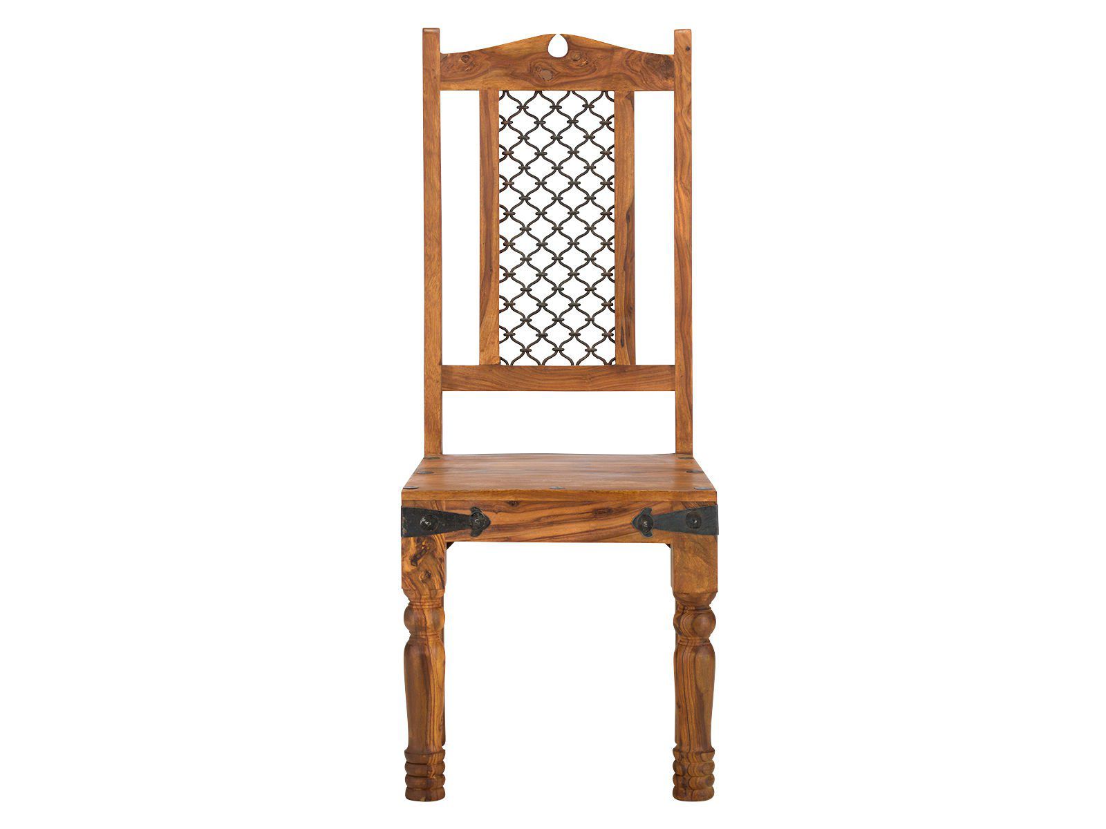 Freisteller-Frontansicht Esszimmerstuhl Merlow aus lackiertem Akazienholz, braun, Sitzhöhe 45 cm.