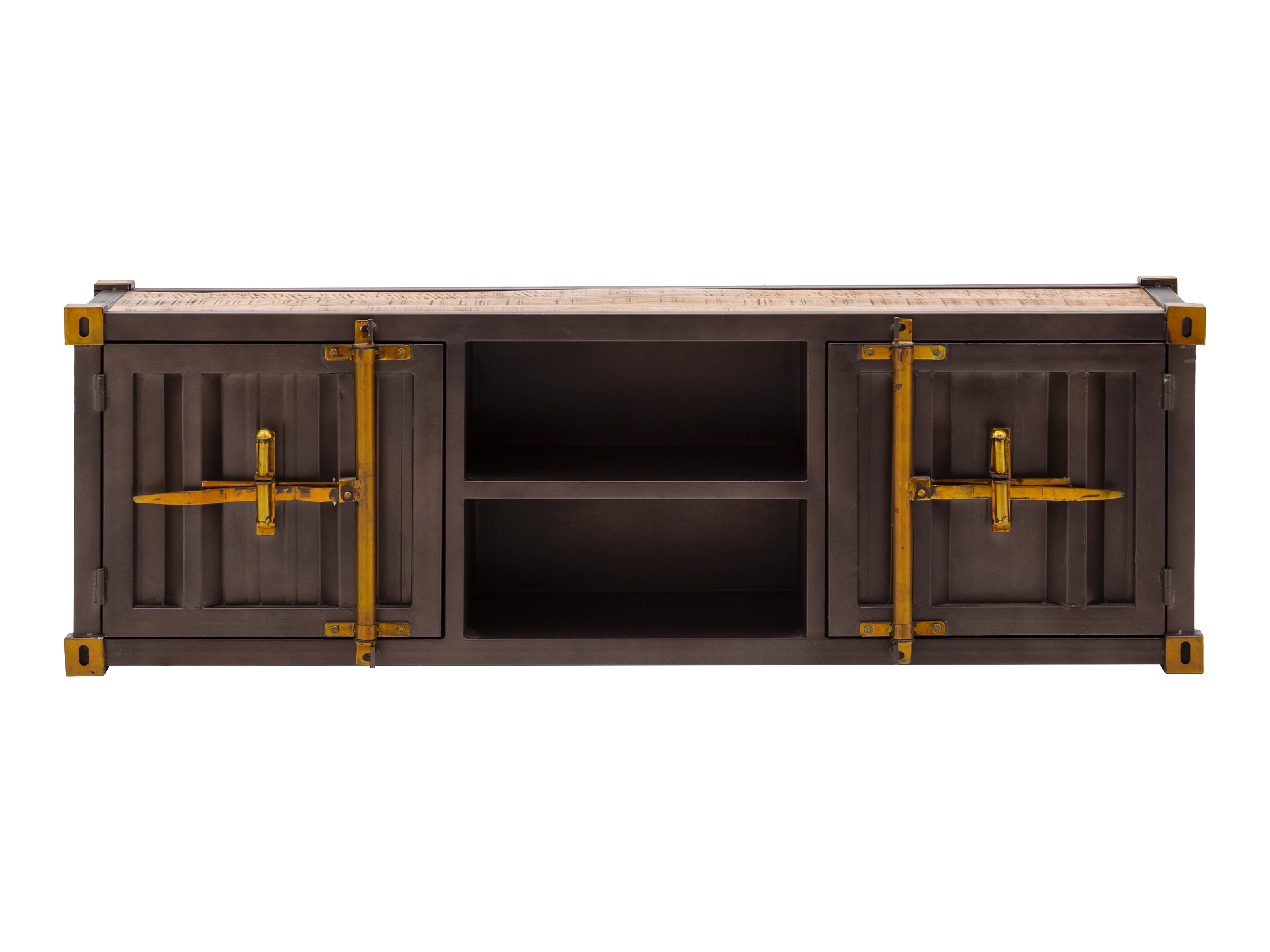 Freisteller Frontansicht TV-Bank Cargon (152×50×41 cm) aus braun lackiertem Metall & Mango-Holz, 2 Türen, 2 offene Fächer
