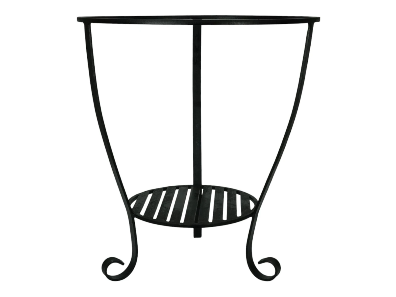 Freisteller-Frontansicht der Feuerschale Embero Heaven: schwarzes Metallgestell mit gebogenen Beinen und Gitterablage. Freisteller-Frontansicht der Feuerschale Embero Heaven: schwarzes Metallgestell mit gebogenen Beinen und Gitterablage.