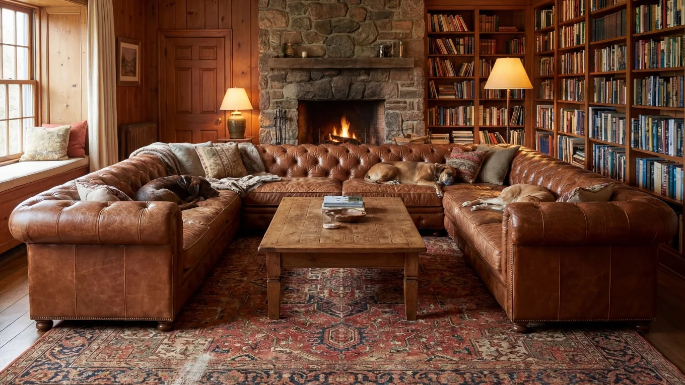 Beige Illustration eines Wohnzimmers mit Sofa, Sessel, Pflanze, Bilderrahmen und Hängelampe auf rundem Teppich, minimalistisches Ambiente