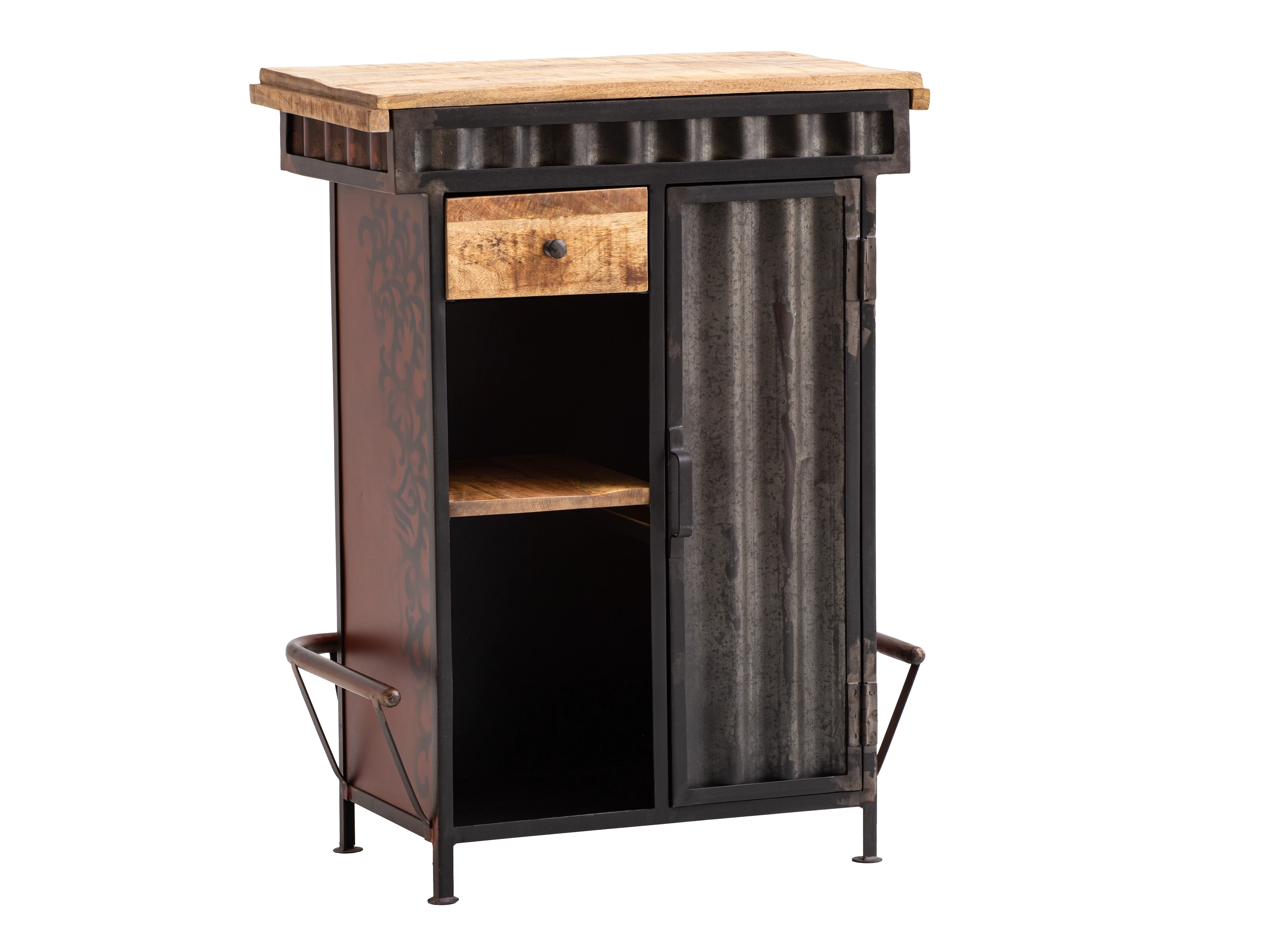 Freisteller (45°-Ansicht) Bartresen Hollowhorn aus Mangoholz und Metall, mit Schublade, offener Ablage & Tür – Barschrank.