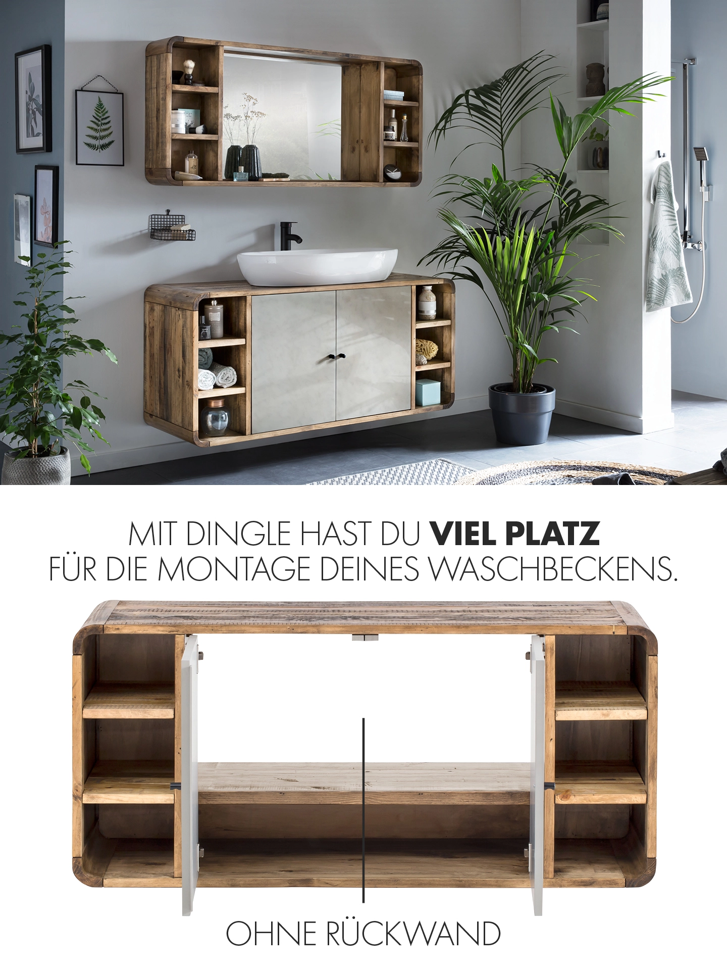 Moderner Holz-Waschtisch mit Aufsatzbecken, minimalistisches Badezimmerambiente in warmen Holztönen und neutralen Fliesen