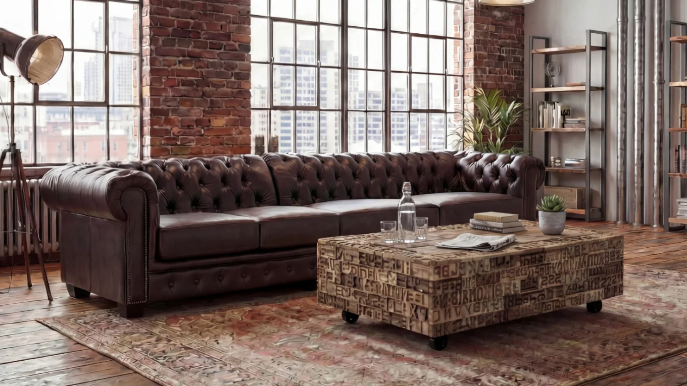 6-Sitzer Esstisch aus massivem Holz in warmem Naturton, modern-rustikales Design, große rechteckige Tischplatte in heller Umgebung