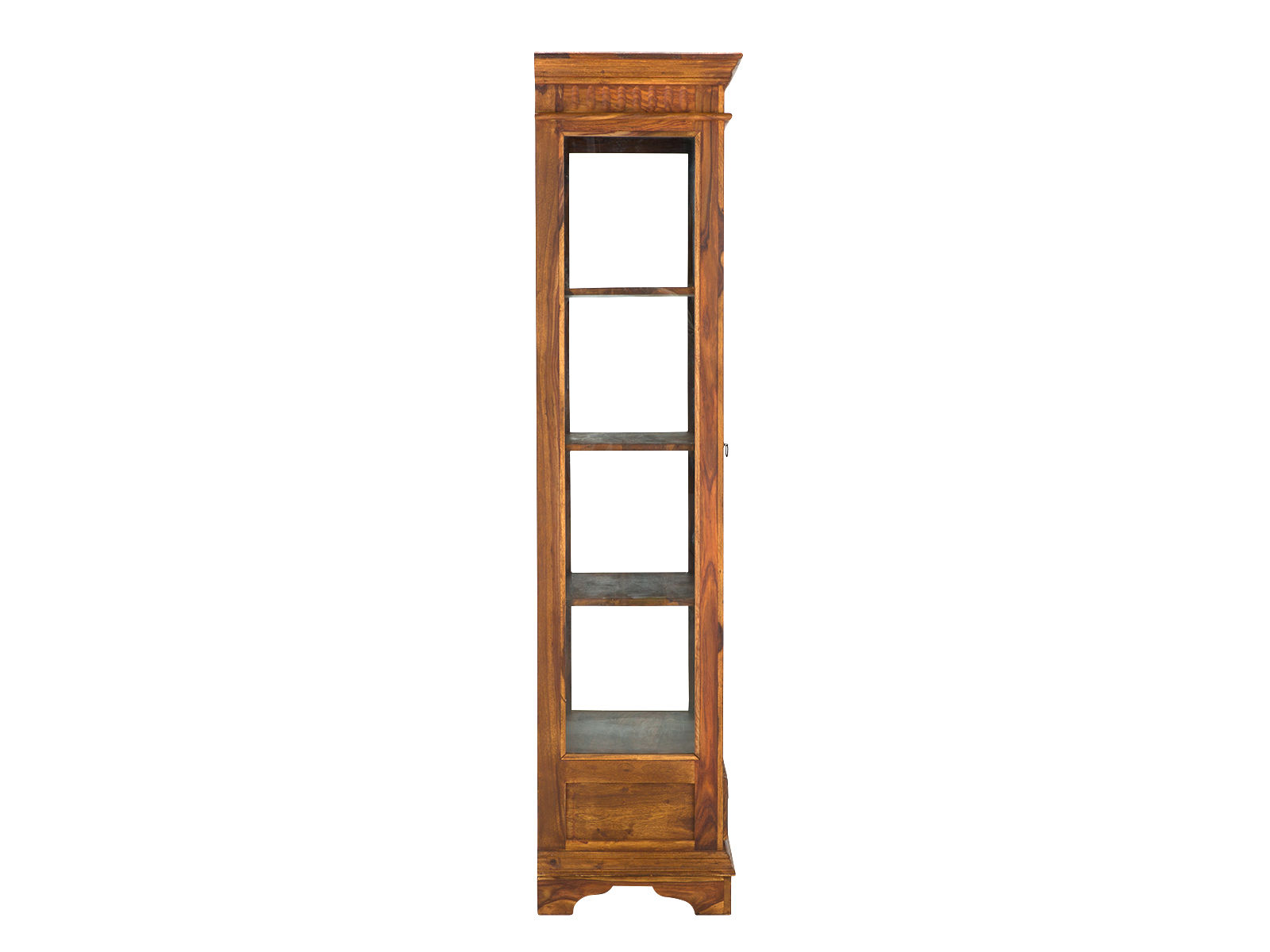 Freisteller Frontansicht: Vitrine Merlow Akazie aus braun lackiertem Akazienholz (65×43×185 cm) mit 1 Tür, 1 Schublade.