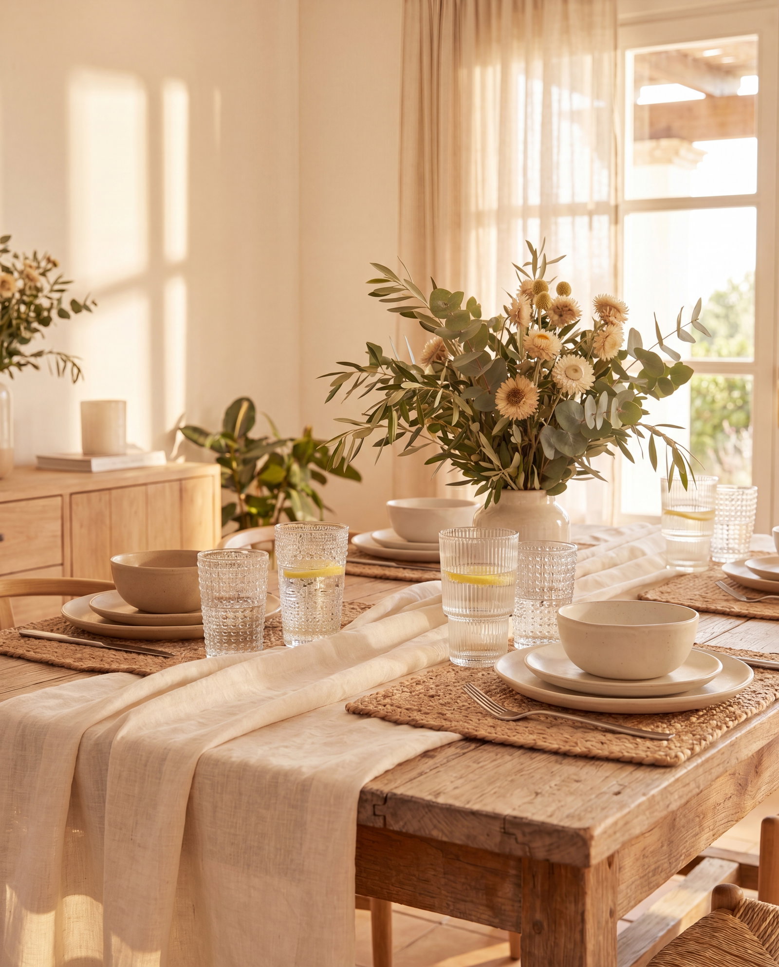 Sommerlich gedeckter Esstisch aus Holz mit Leinentischdecke, Keramikgeschirr und Blumenstrauß im hellen Esszimmer.
