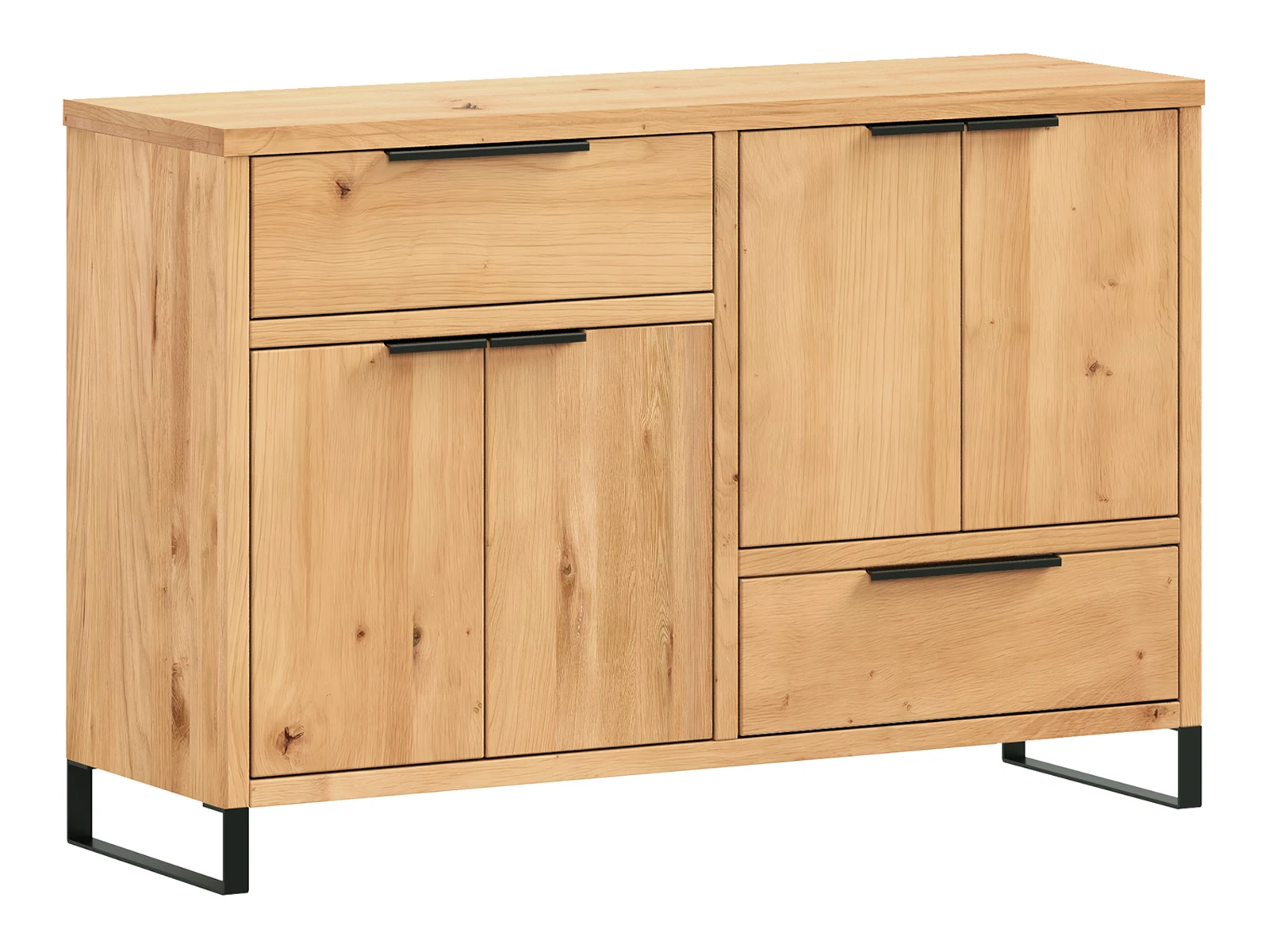 Freisteller: Sideboard Sydney 126 cm Wildeiche, 45°-Ansicht, geöltes Holz, 4 Türen, 2 Schubladen, Braun, 84×41×126 cm Freisteller: Sideboard Sydney 126 cm Wildeiche, 45°-Ansicht, geöltes Holz, 4 Türen, 2 Schubladen, Braun, 84×41×126 cm