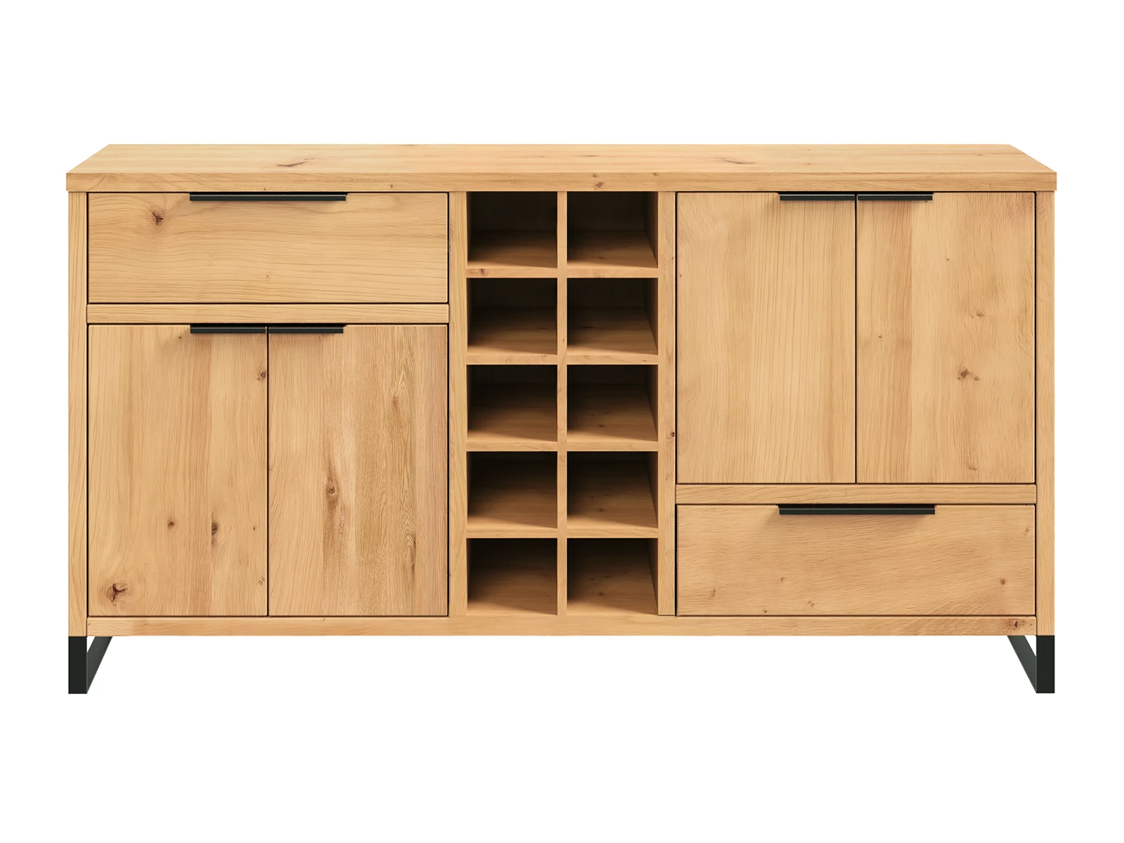 Frontansicht freigestelltes Sideboard Sydney 160 cm aus geölter Wildeiche mit 4 Türen, 2 Schubladen und 10 offenen Fächern Freisteller-Front: Wohnwand 3tlg. Sydney Wildeiche, geölte Oberfläche braun. Sideboard mit Türen, Schubladen & Flaschenfach.