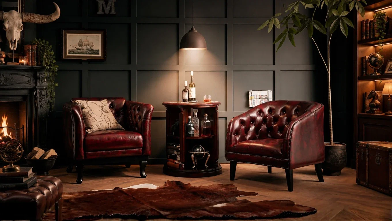Zwei Chesterfield Sessel Oakland aus rotem Echtleder mit Knopfheftung in einem dunkel eingerichteten Wohnzimmer