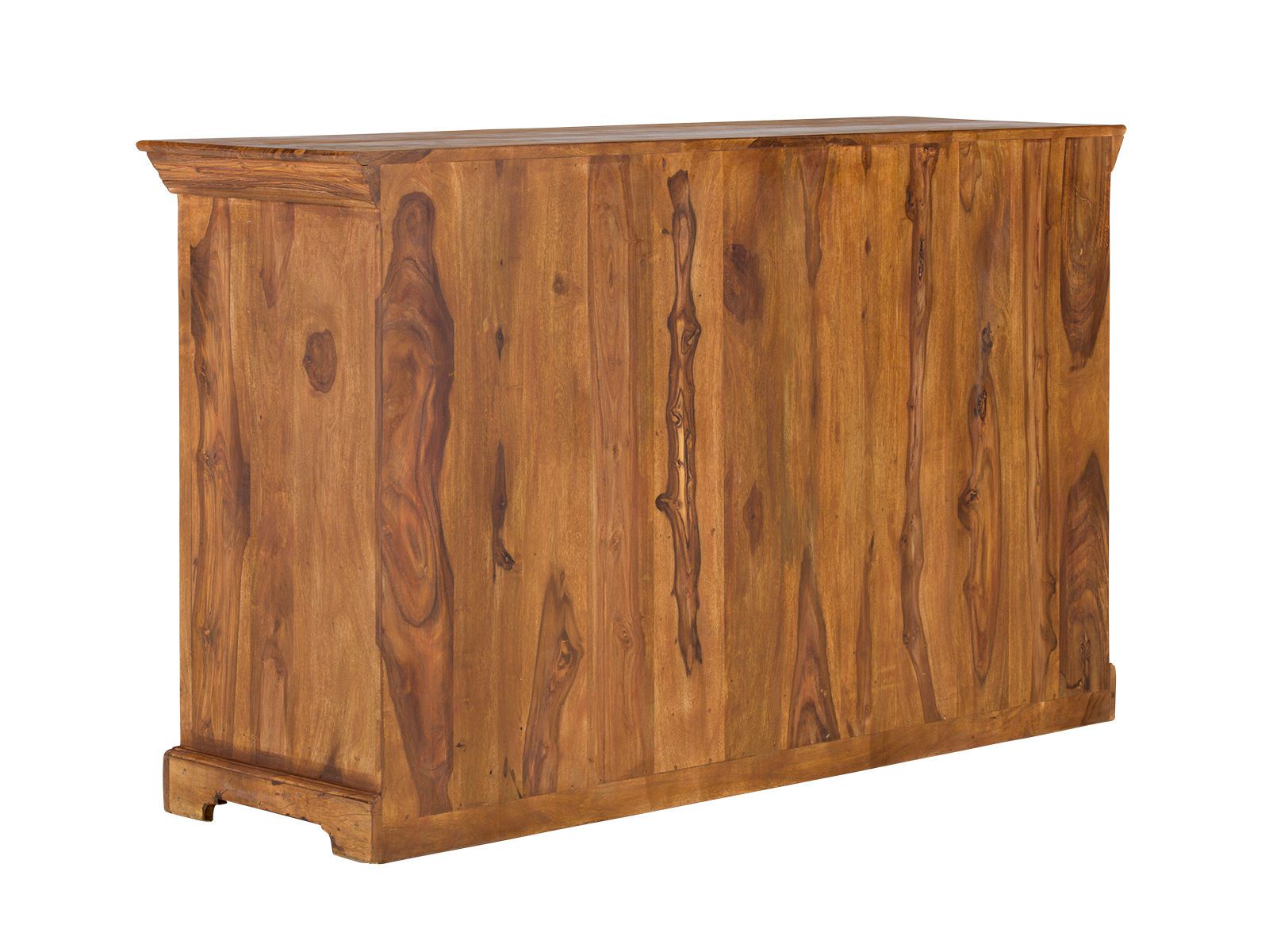 Rückansicht des Sideboards Merlino aus lackierter Akazie – 3-türig, 3 Schubladen, braun, 148×43×85 cm (Freisteller)