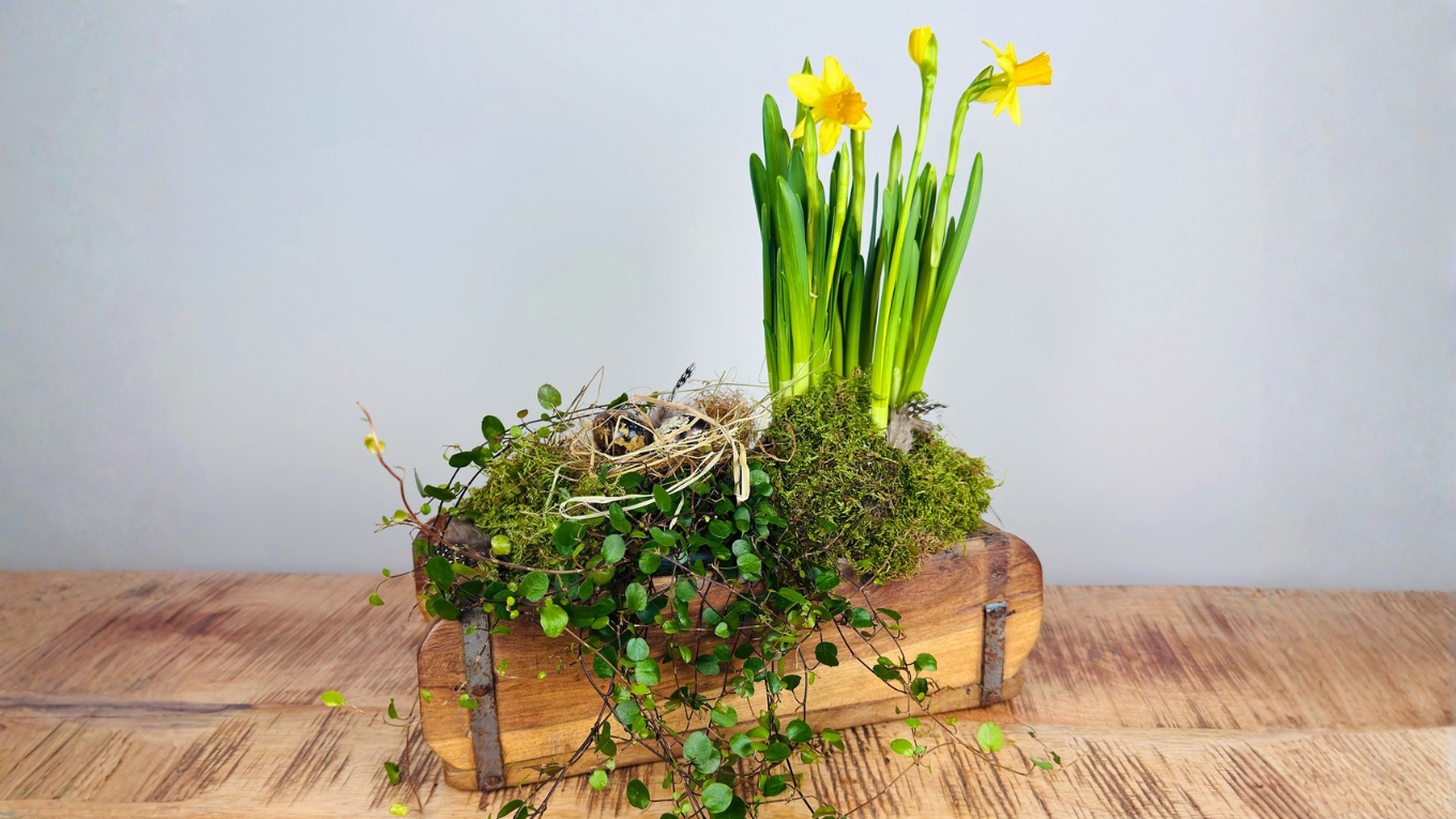 Frühlingsdeko in rustikaler Ziegelform mit Narzissen und Tulpen, natürliche Farben, stimmungsvolles Ambiente
