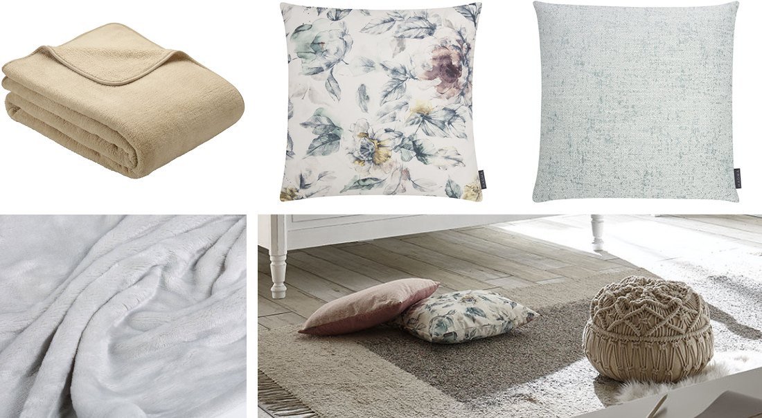 Landhausstil-Collage: gemütliches Wohnzimmer mit hellen Holzmöbeln, weichen Textilien, Kissen, Pflanzen und warmem, rustikalem Ambiente.