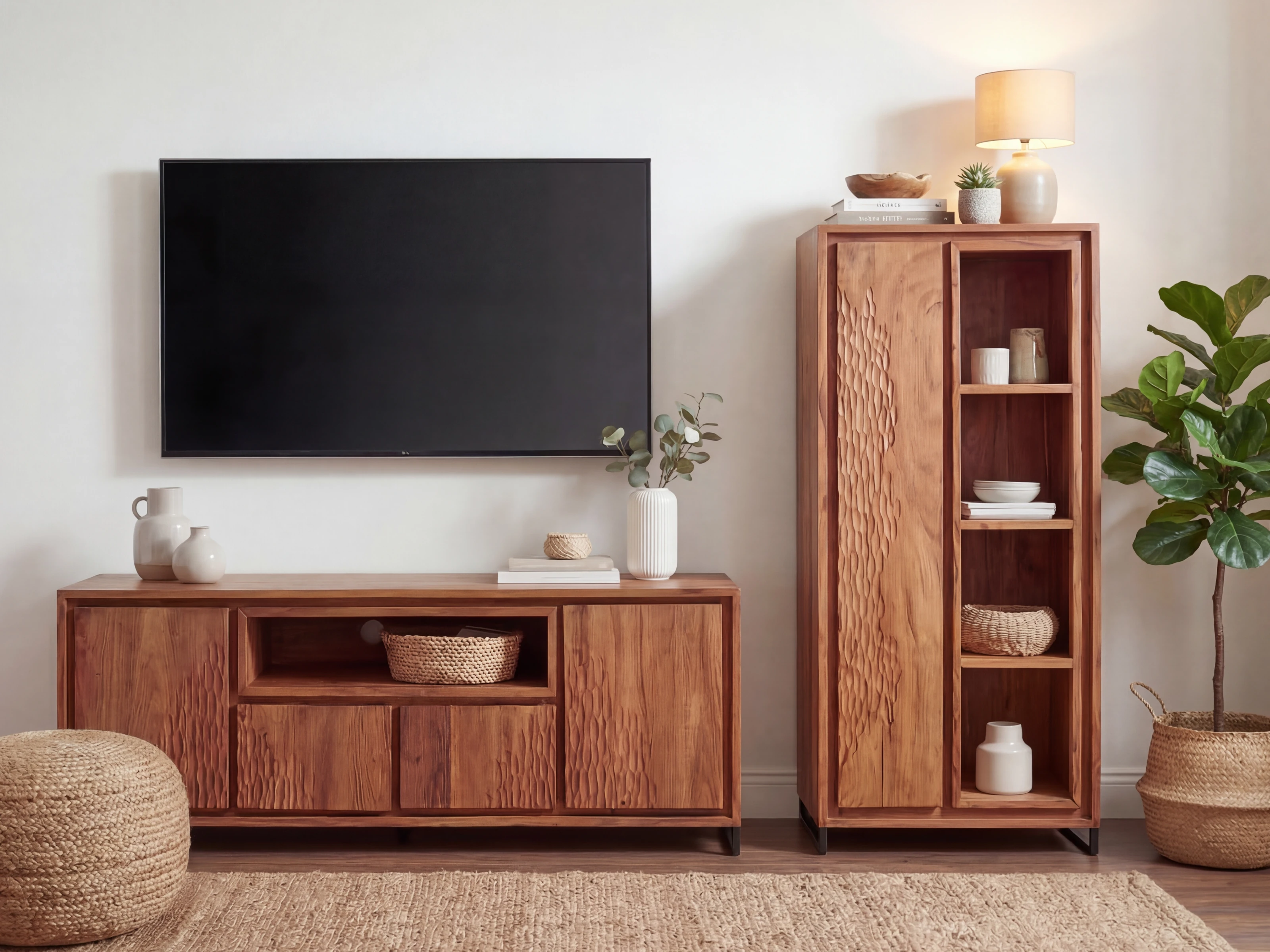 Wohnbeispiel: TV-Bank Maddox Akazie 120×45×45 cm, Frontansicht, braun, 2 Türen, 2 Schubladen, 1 offenes Fach, Metallfüße.