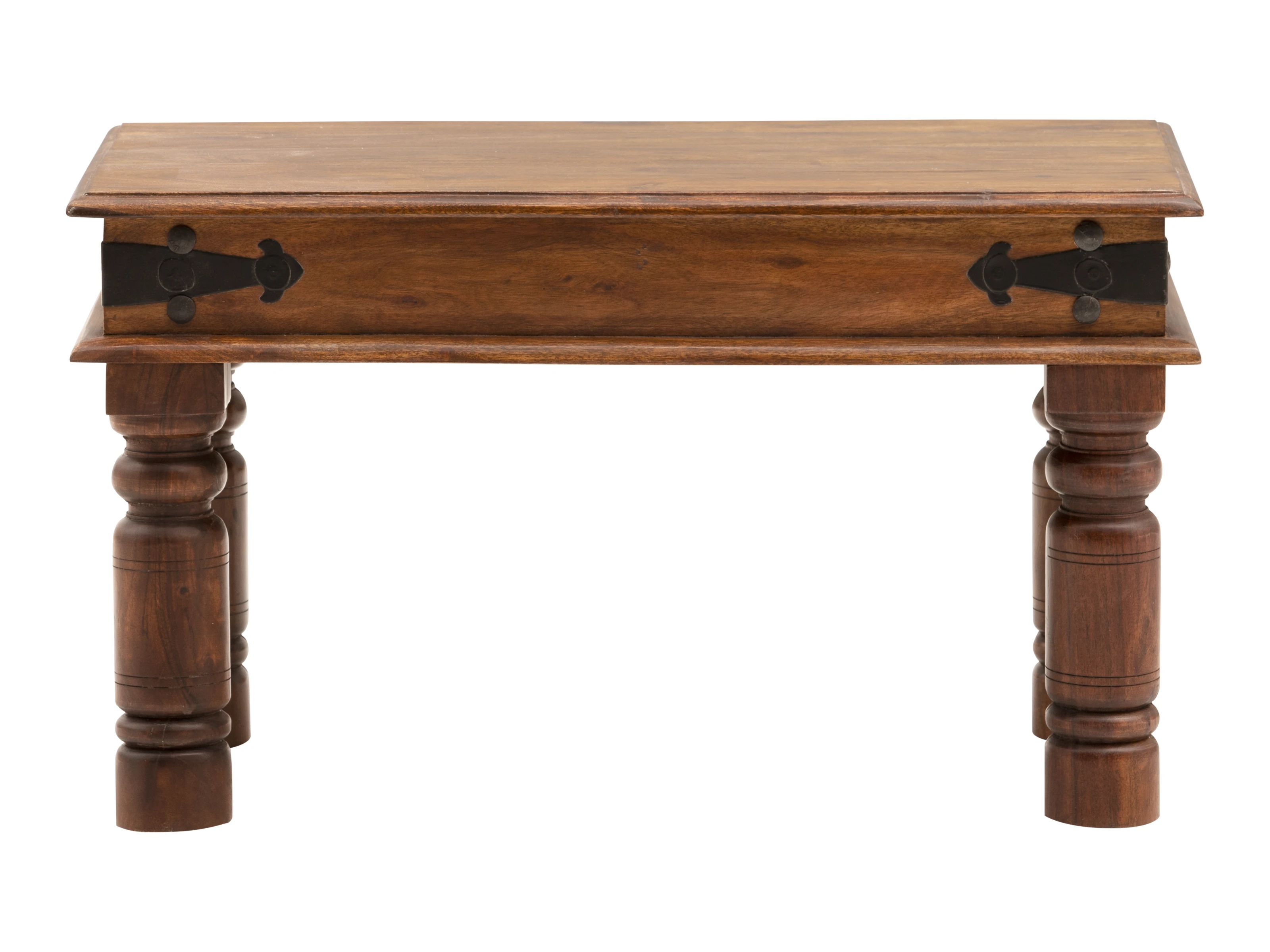 Freisteller Frontansicht: Flurset Merlow Akazie Bank aus lackiertem Akazienholz in Braun mit vier gedrechselten Beinen.