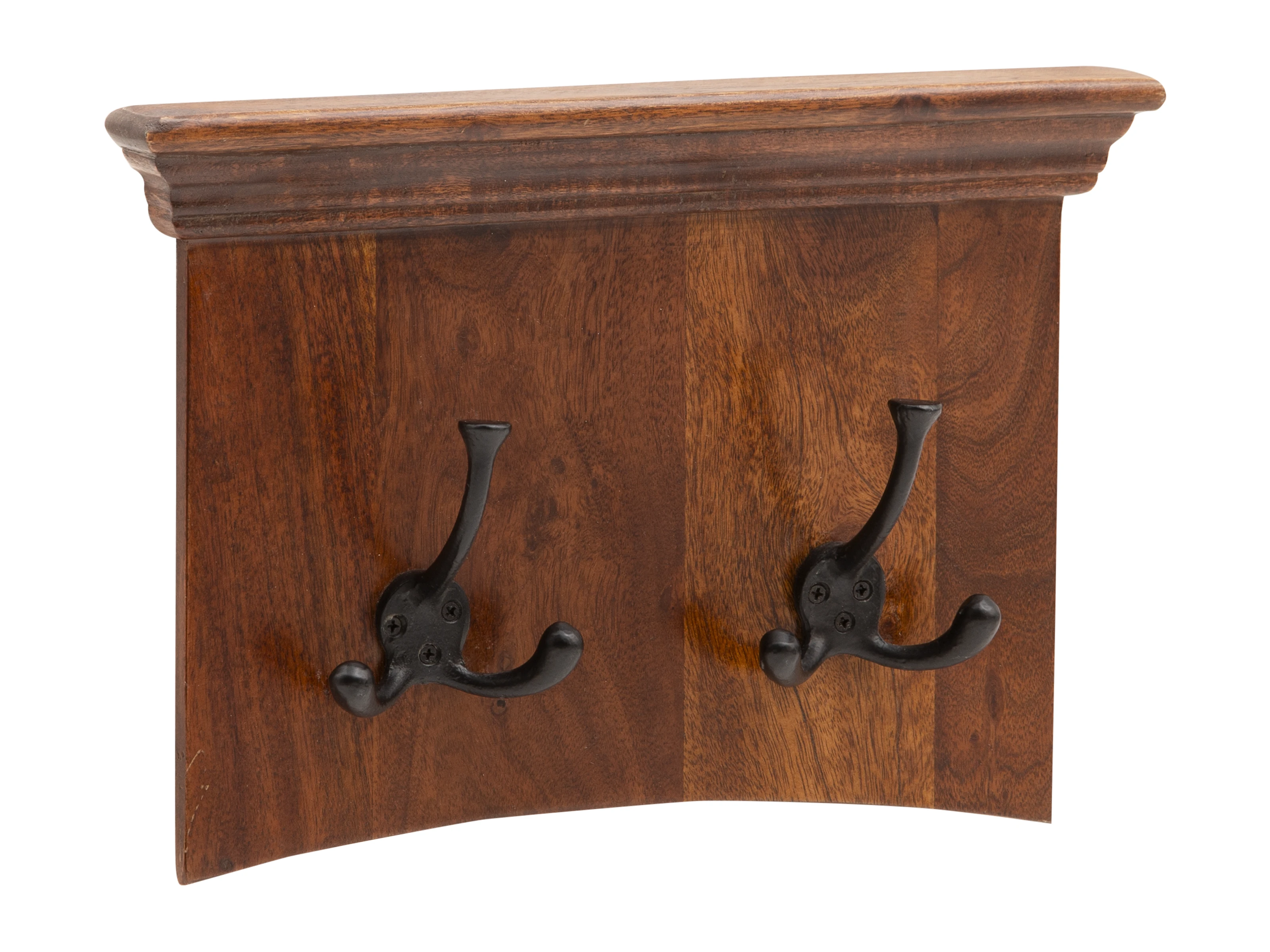 Freisteller Frontansicht des Flursets Merlow Akazie – lackiertes Akazienholz-Wandpaneel mit zwei schwarzen Doppelhaken, braun